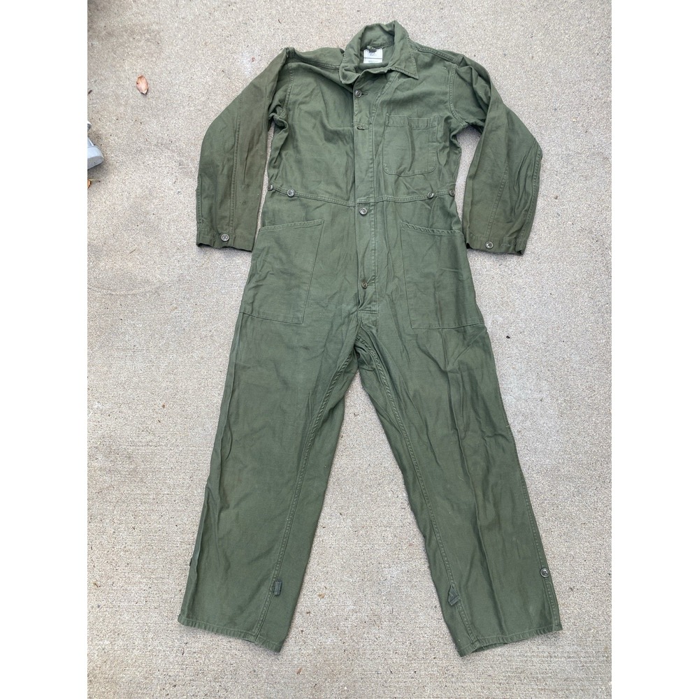 Vintage 70s Military Army Covralls Large OG107 Green Type I Cotton Sateen